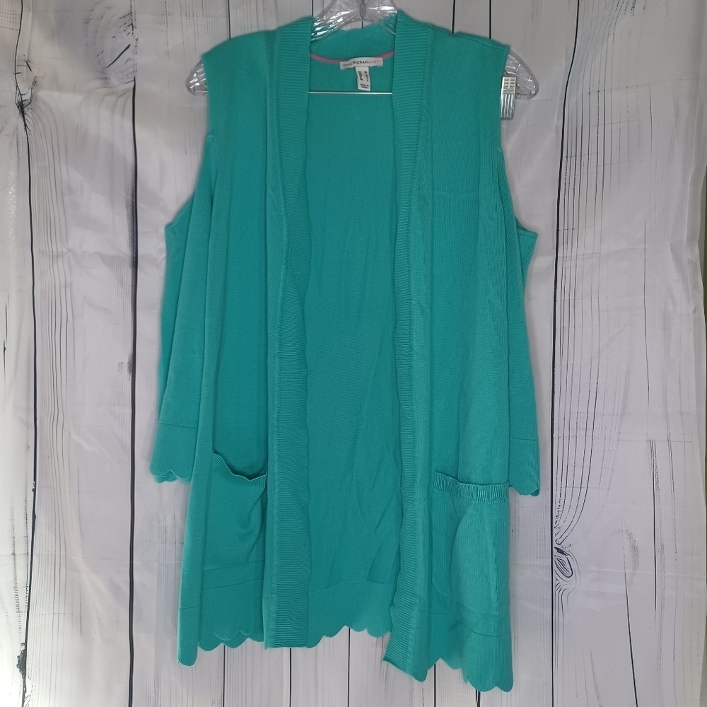IsaacMizrah Live cold shoulder 3/4 sleeve feminine chic scallop edges cardigan
